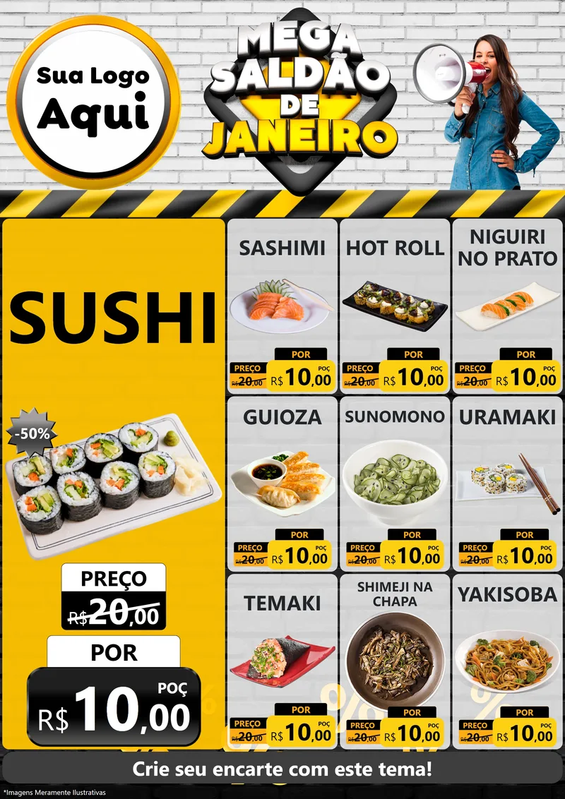 Modelo de Encarte para Encarte A4 Vertical com o tema Mega Saldão de Janeiro para Comida japonesa