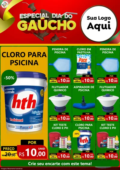 Modelo de Encarte para Encarte A4 Vertical com o tema Especial Dia do Gaúcho para Produtos para Piscina