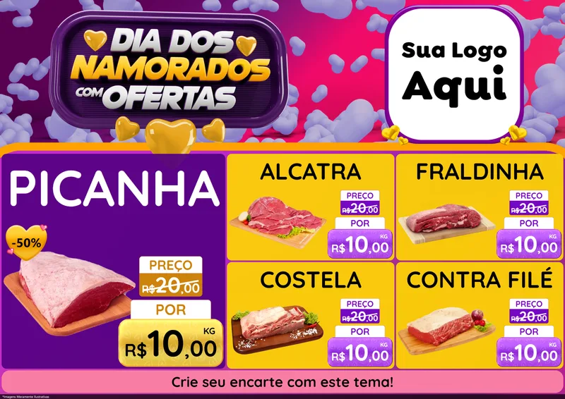 Modelo de Encarte para Encarte A4 Horizontal com o tema Dia Dos Namorados Com Ofertas para Açougue