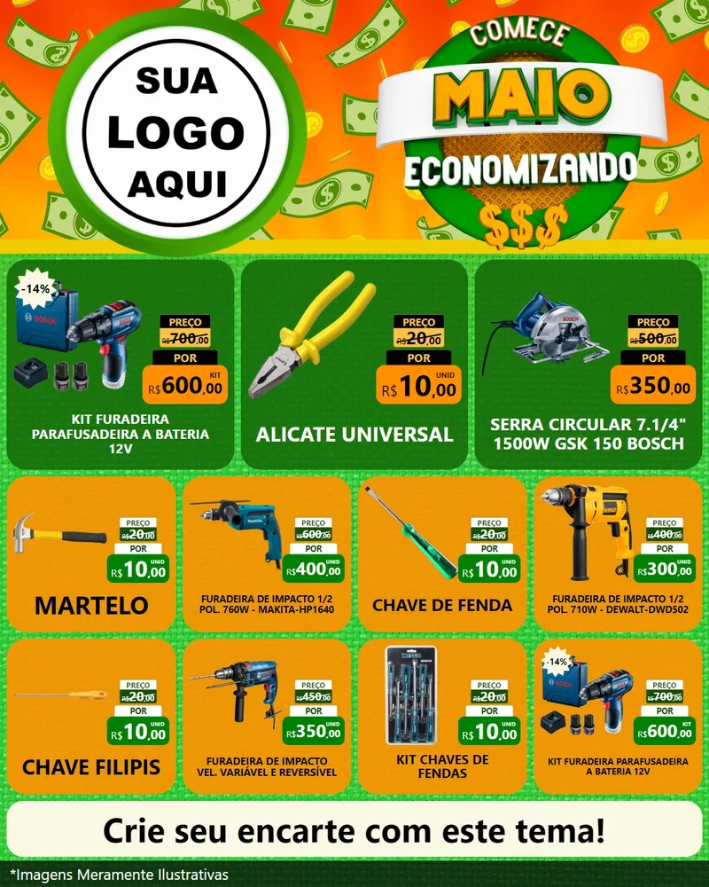 Modelo de Rede Social para Feed Instagram com o tema Comece Maio Economizando para Maquinas e Ferramentas