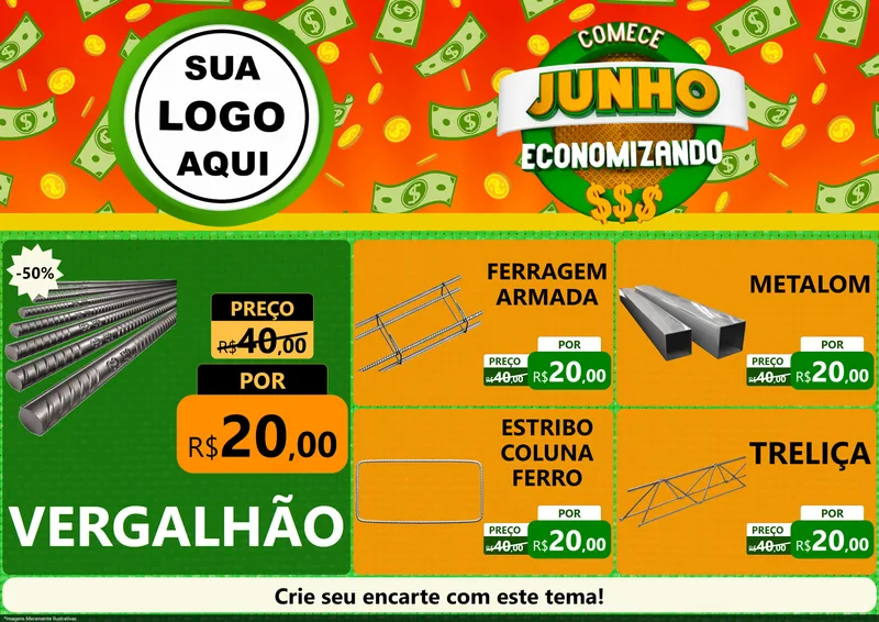 Modelo de Encarte para Encarte A4 Horizontal com o tema Comece Junho Economizando para Ferragens