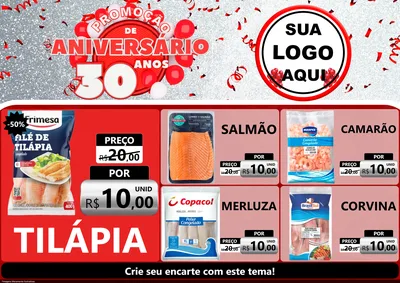 Modelo de Encarte para Encarte A4 Horizontal com o tema Promoção de Aniversário - 30 Anos para Peixaria