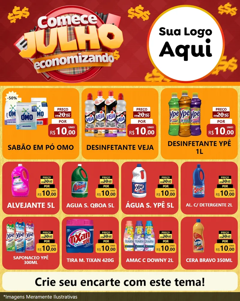 Modelo de Rede Social para Feed Instagram com o tema Comece Julho Economizando para Produtos de Limpeza