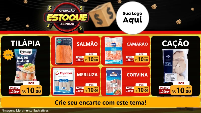 Modelo de TV para TV Horizontal com o tema Operação Estoque Zerado para Peixaria
