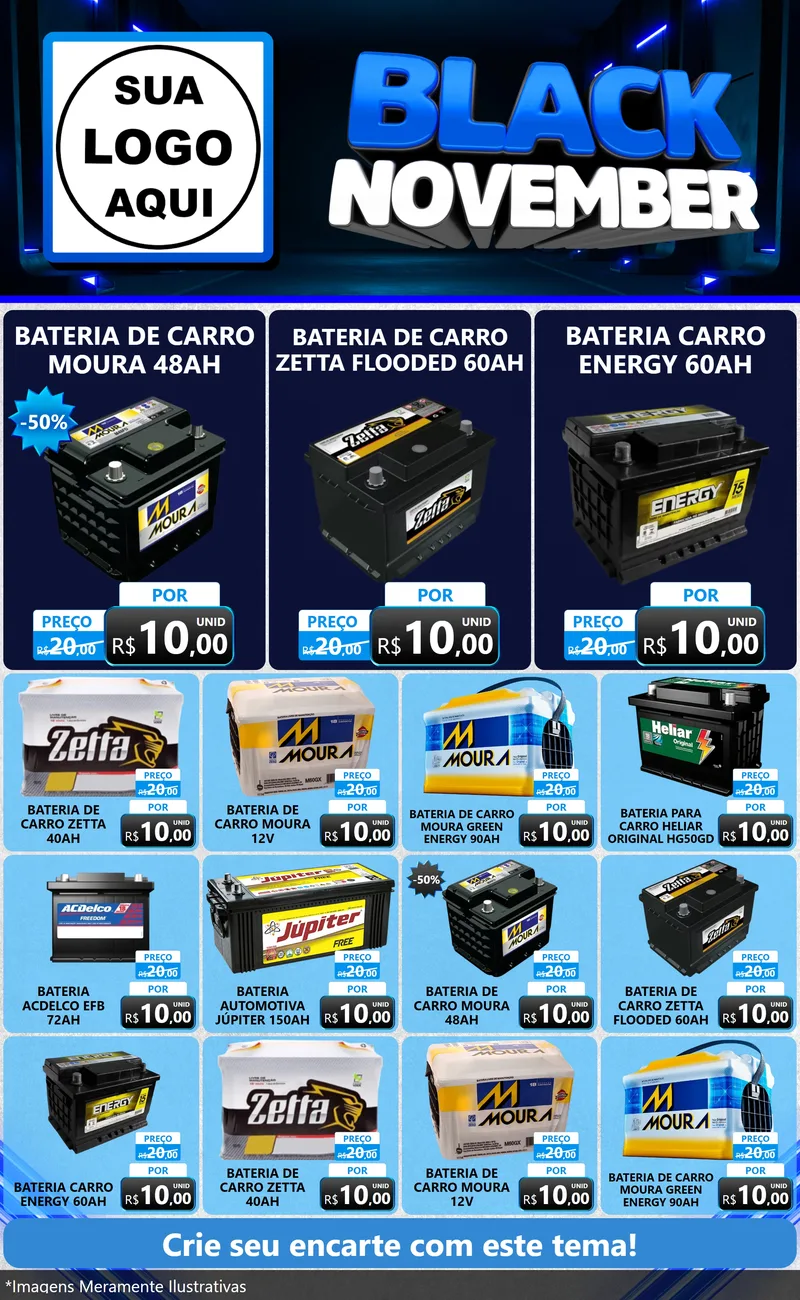 Modelo de Encarte para Encarte Grande com o tema Black November para Baterias Elétricas