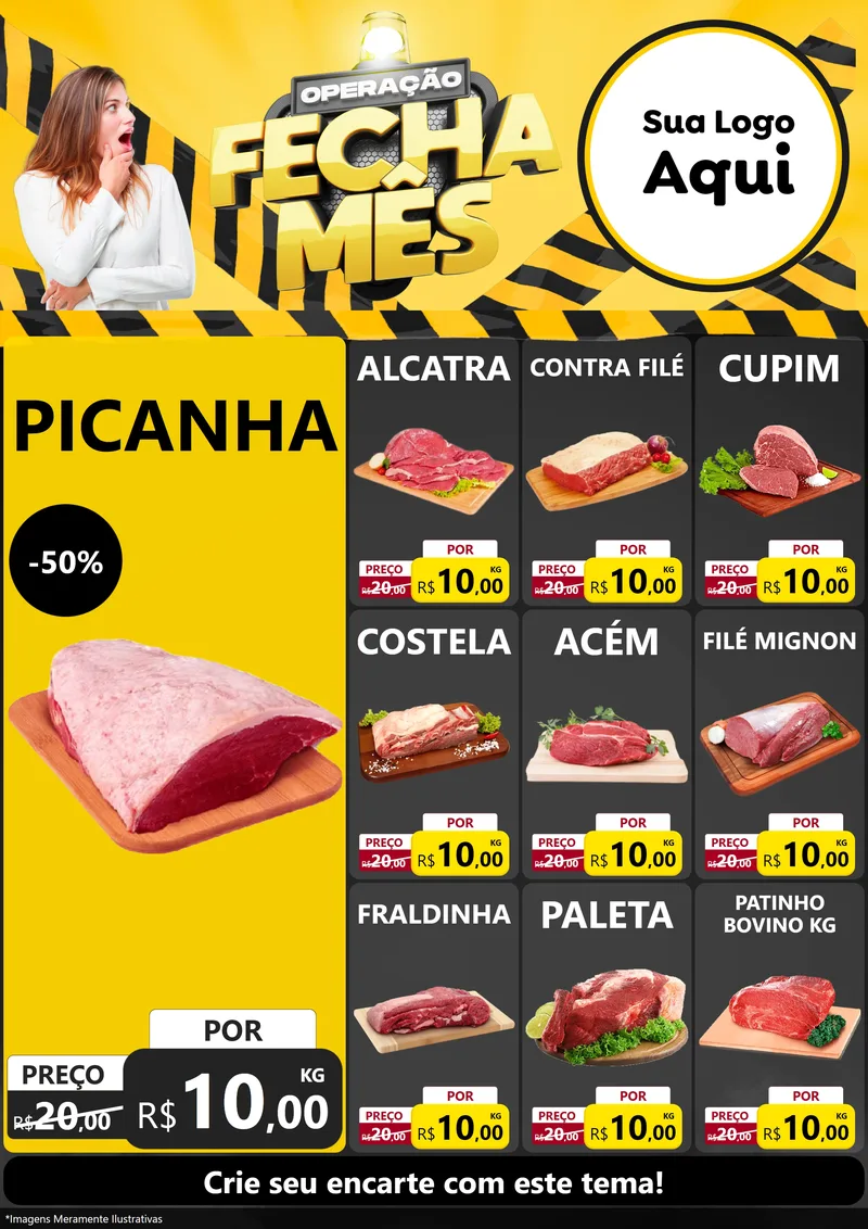 Modelo de Encarte para Encarte A4 Vertical com o tema Operação Fecha Mês para Açougue
