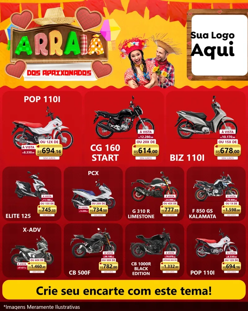 Modelo de Rede Social para Feed Instagram com o tema Arraiá Dos Apaixonados - Junina para Concessionaria de Motos