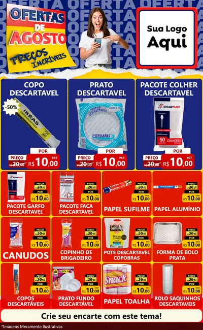 Modelo de Encarte para Encarte Grande com o tema Ofertas de Agosto - Preços Incríveis para Embalagens