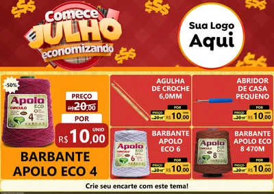 Modelo de Encarte para Encarte A4 Horizontal com o tema Comece Julho Economizando para Armarinho e Aviamentos