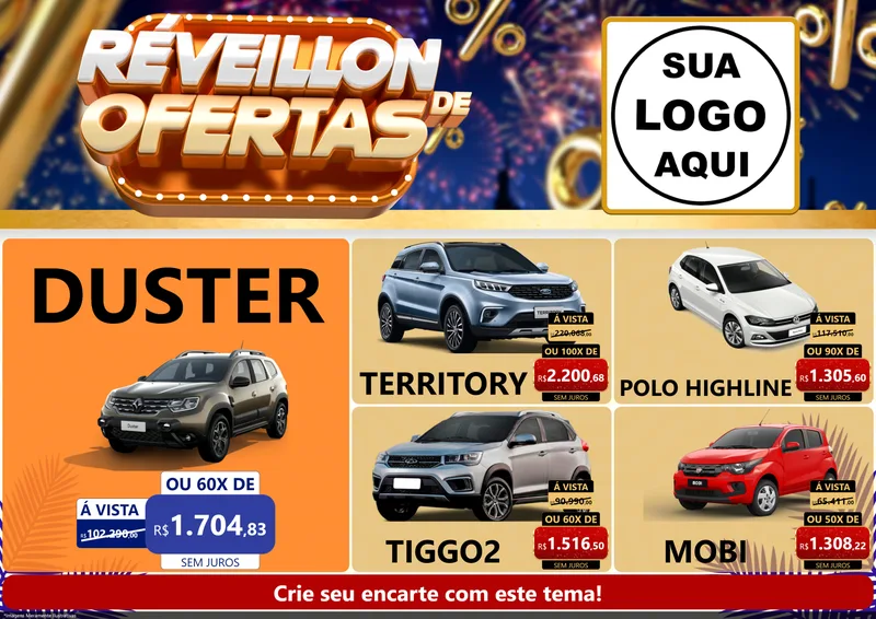 Modelo de Encarte para Encarte A4 Horizontal com o tema Réveillon de Ofertas para Concessionaria de Carros