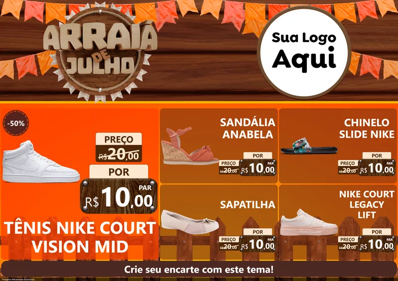 Modelo de Encarte para Encarte A4 Horizontal com o tema Arraiá de Julho - Junina para Calçados