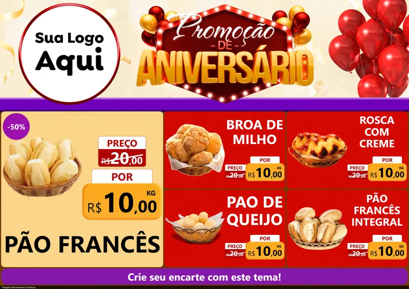 Modelo de Encarte para Encarte A4 Horizontal com o tema Promoção de Aniversário para Padaria