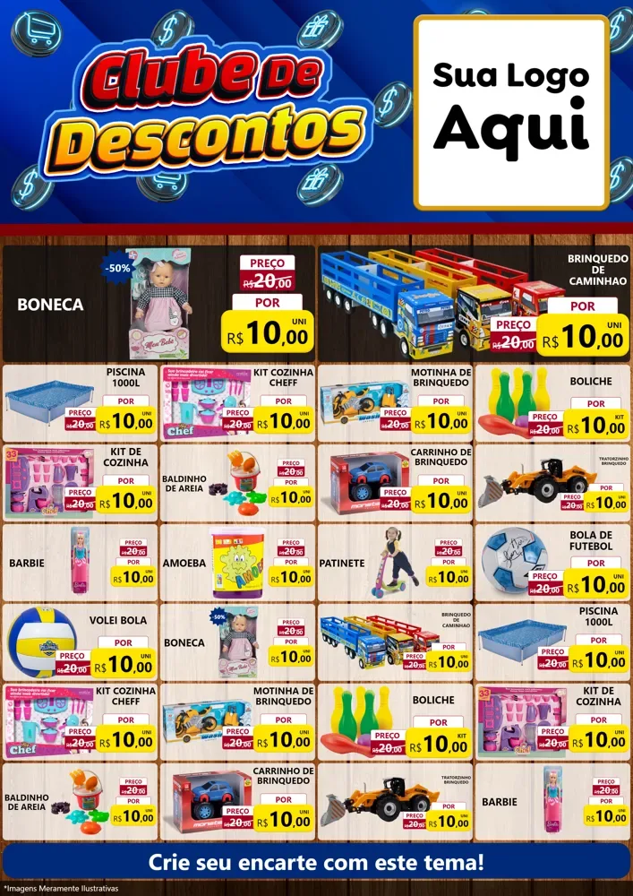 Modelo de Encarte para Encarte A4 Vertical com o tema Clube de Descontos para Brinquedos