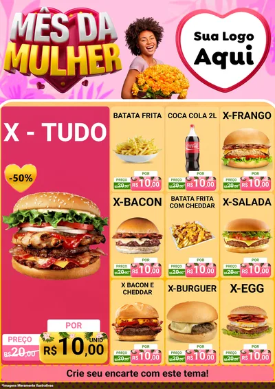 Modelo de Encarte para Encarte A4 Vertical com o tema Mês da Mulher para Hamburgueria