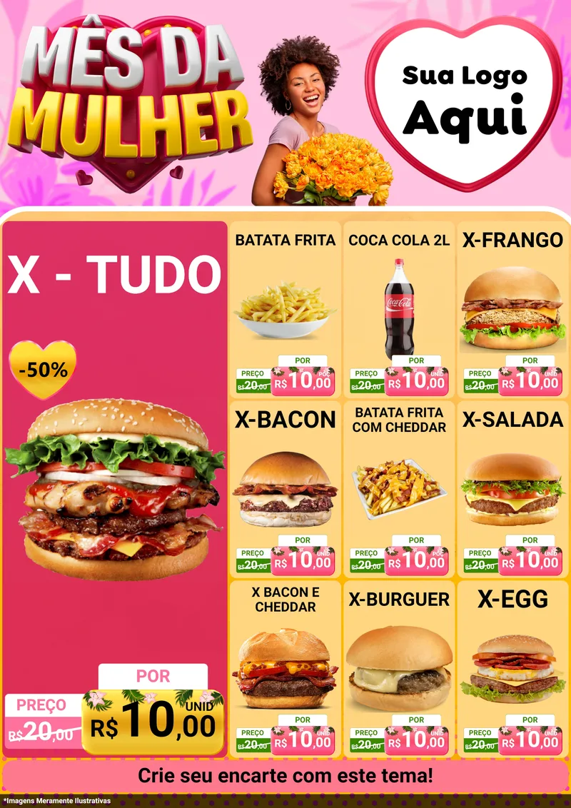 Modelo de Encarte para Encarte A4 Vertical com o tema Mês da Mulher para Hamburgueria