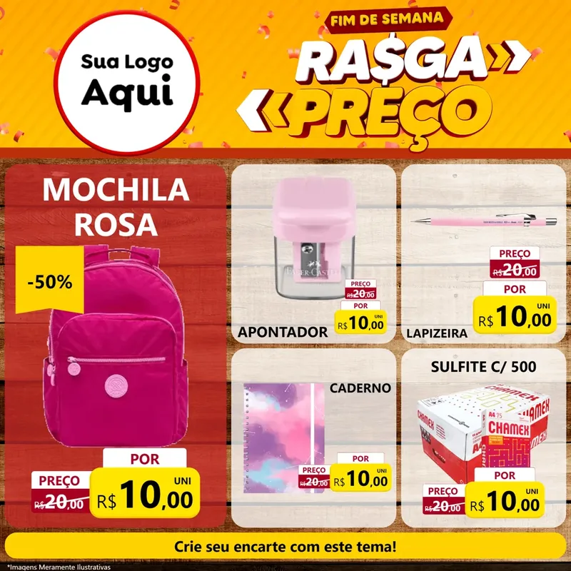 Modelo de Rede Social para Feed Facebook com o tema Fim de Semana Rasga Preços para Papelaria