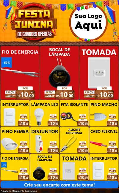 Modelo de Encarte para Encarte Grande com o tema Festa Junina de Grandes Ofertas para Materiais Elétricos