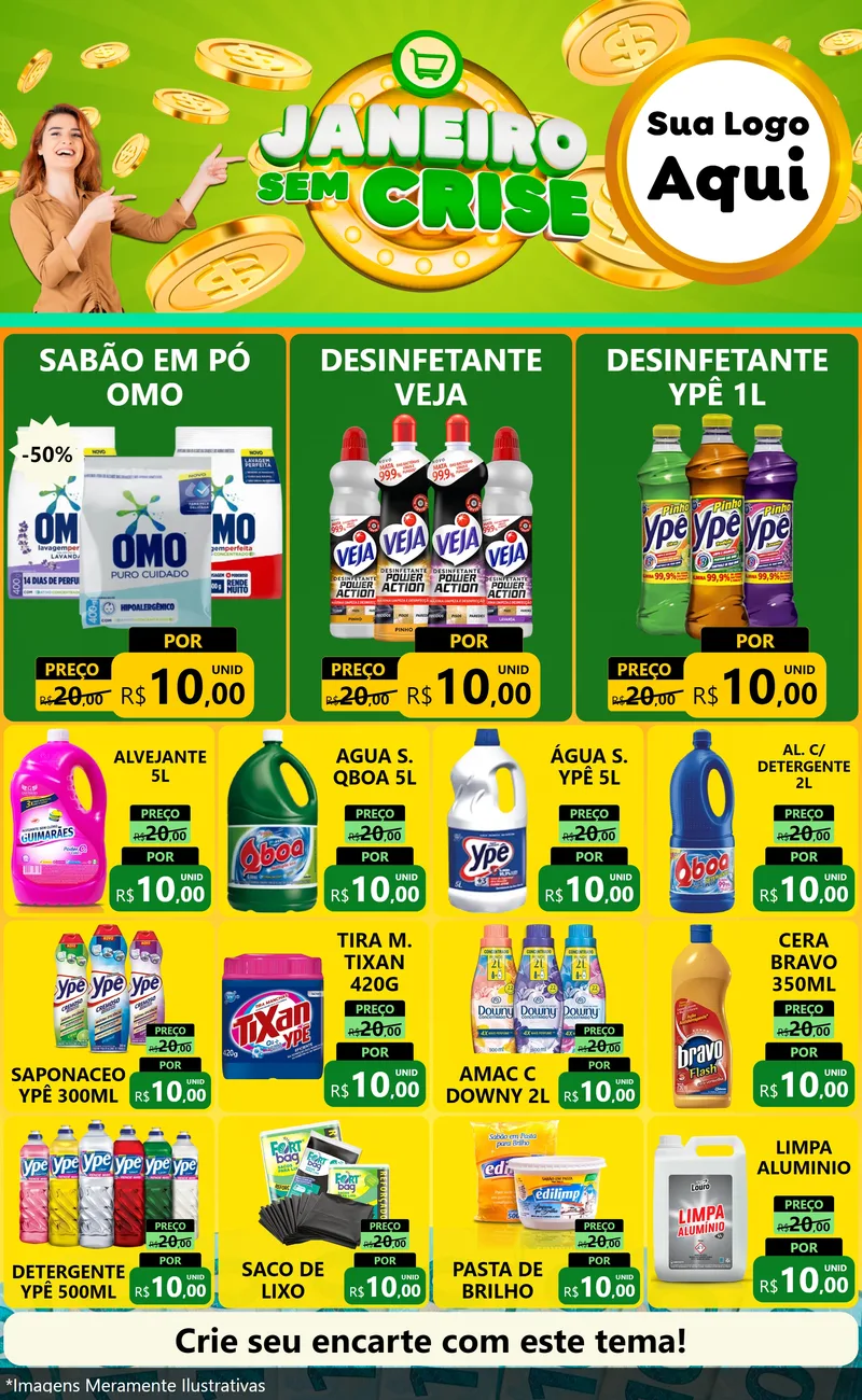 Modelo de Encarte para Encarte Grande com o tema Janeiro Sem Crise para Produtos de Limpeza