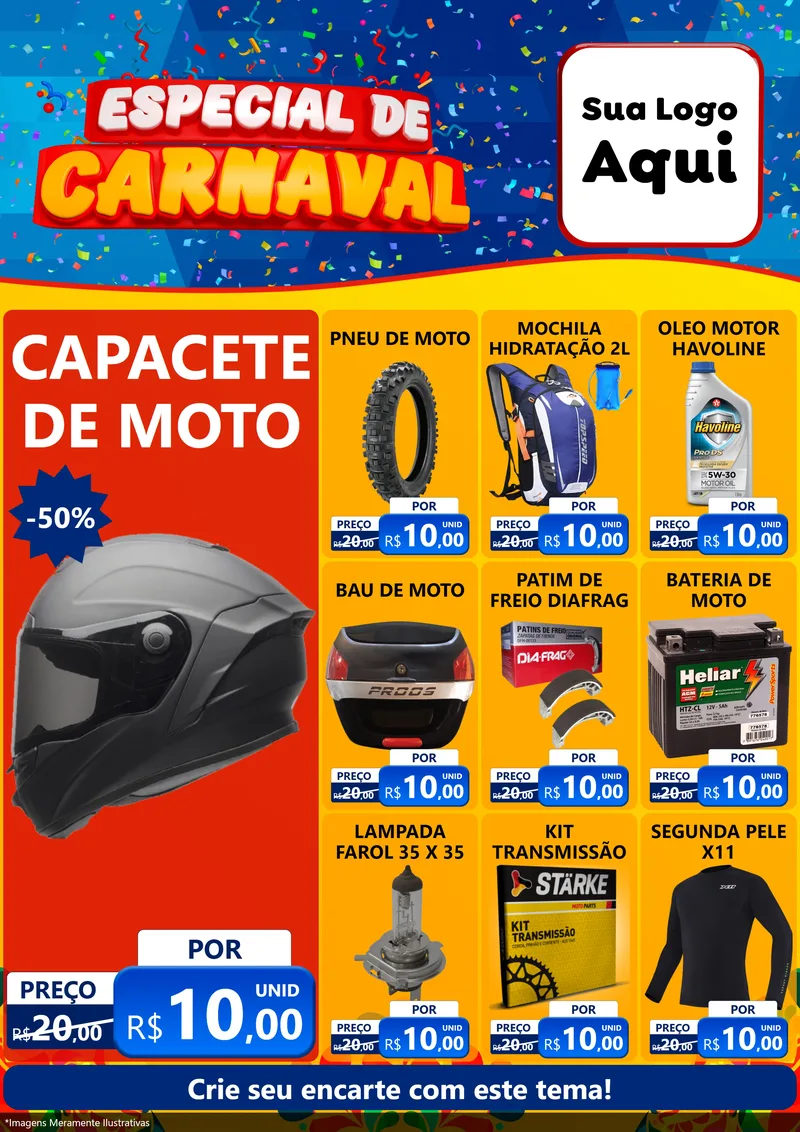 Modelo de Encarte para Encarte A4 Vertical com o tema Especial de Carnaval para Moto peças