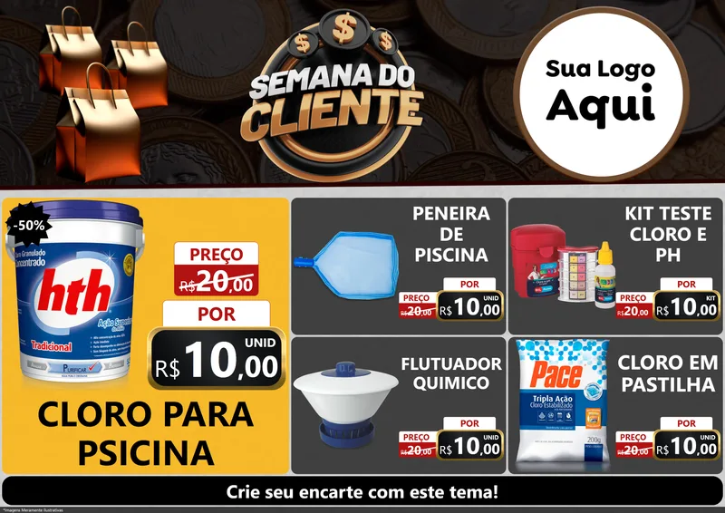 Modelo de Encarte para Encarte A4 Horizontal com o tema Semana do Cliente para Produtos para Piscina