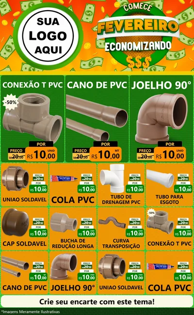 Modelo de Encarte para Encarte Grande com o tema Comece Fevereiro Economizando para Tubos e conexões