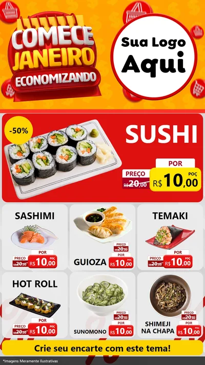 Modelo de Rede Social para Stories com o tema Comece Janeiro Economizando para Comida japonesa