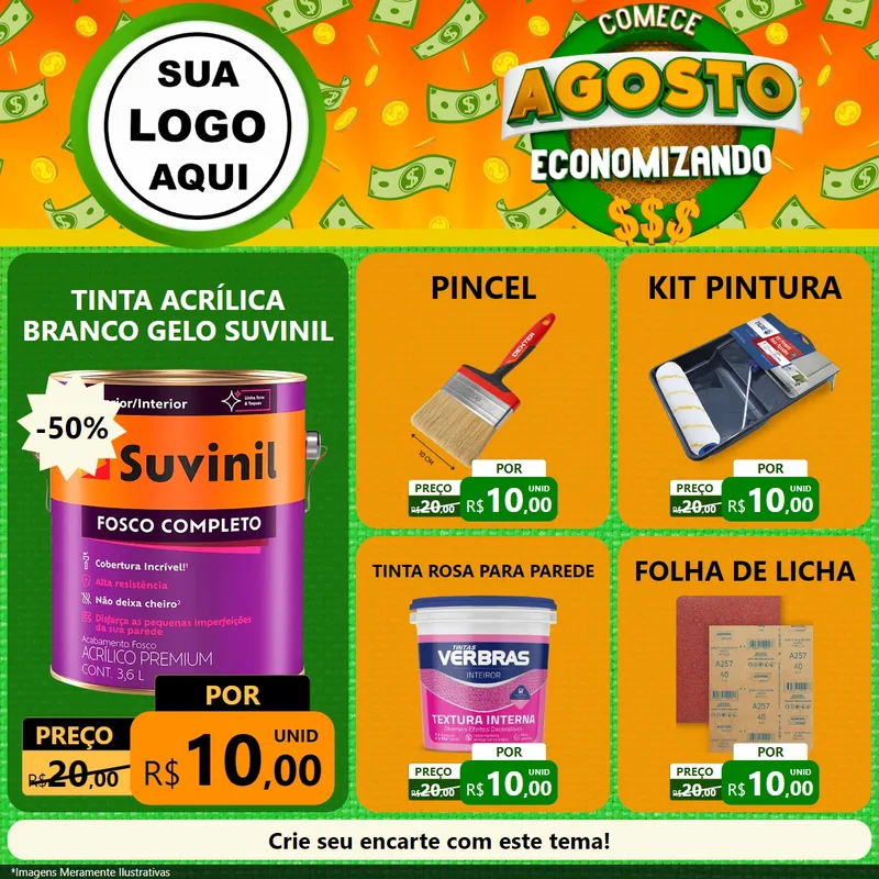 Modelo de Rede Social para Feed Facebook com o tema Comece Agosto Economizando para Tintas e Ferramentas
