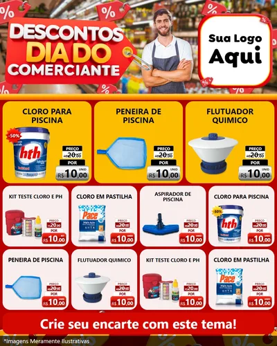 Modelo de Rede Social para Feed Instagram com o tema Descontos Dia do Comerciante para Produtos para Piscina