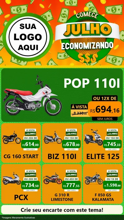 Modelo de Rede Social para Stories com o tema Comece Julho Economizando para Concessionaria de Motos