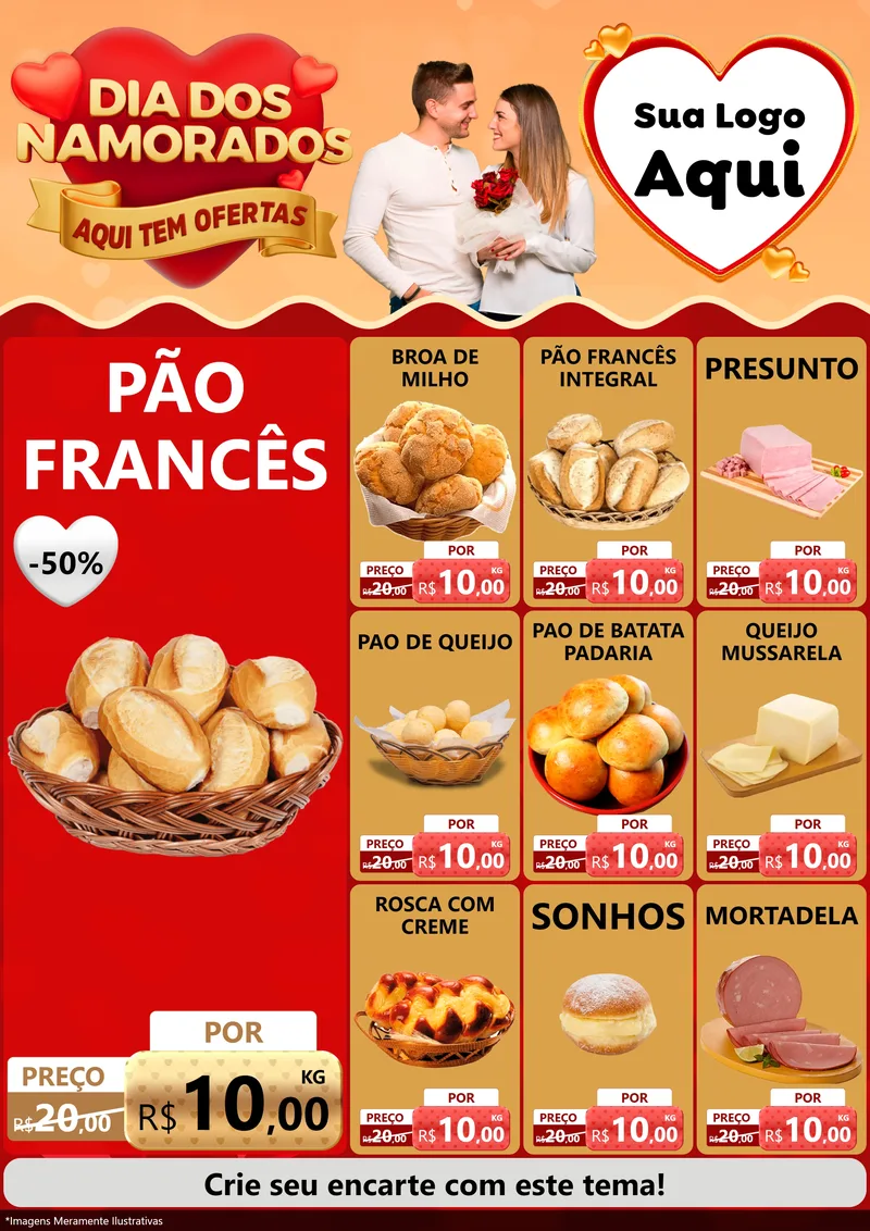 Modelo de Encarte para Encarte A4 Vertical com o tema Dia dos Namorados - Aqui Tem Ofertas para Padaria