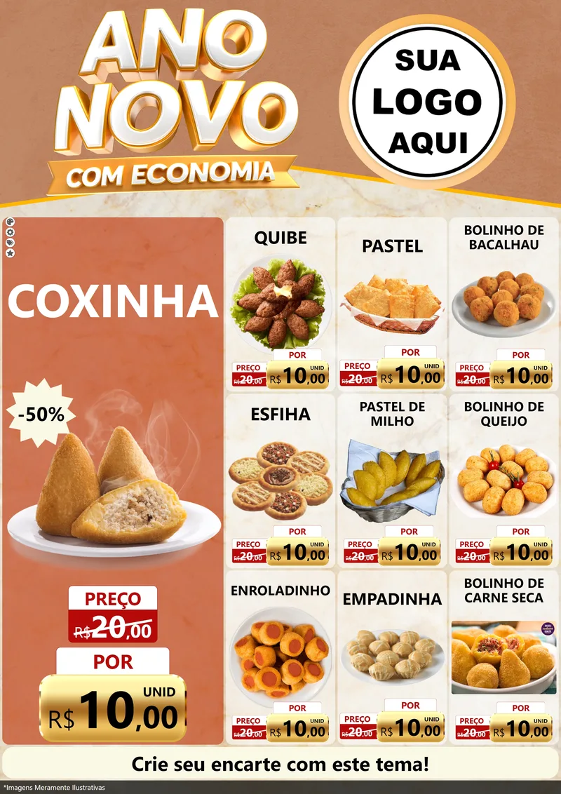 Modelo de Encarte para Encarte A4 Vertical com o tema Ano Novo Com Economia para Salgadaria