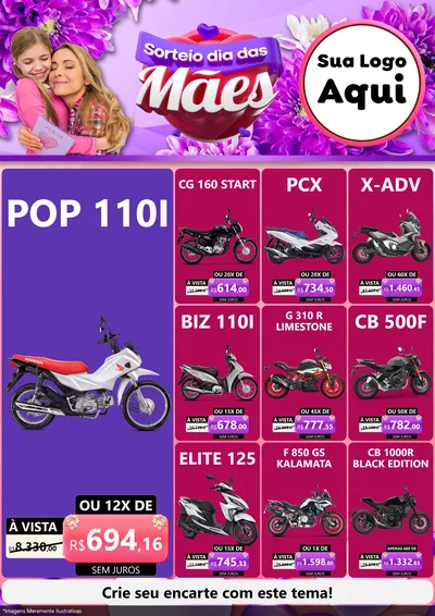 Modelo de Encarte para Encarte A4 Vertical com o tema Sorteio Dia das Mães para Concessionaria de Motos