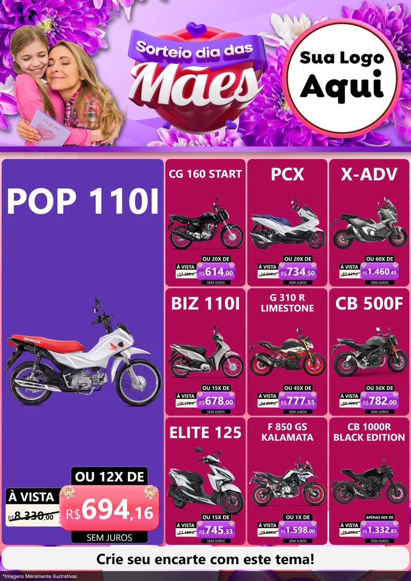 Modelo de Encarte para Encarte A4 Vertical com o tema Sorteio Dia das Mães para Concessionaria de Motos