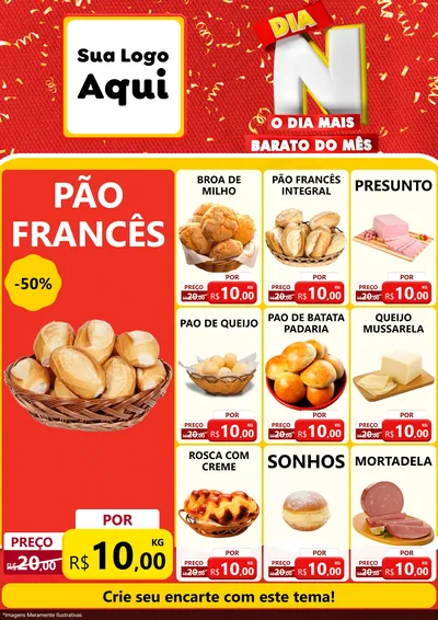 Modelo de Encarte para Encarte A4 Vertical com o tema Dia N o Dia Mais Barato do Mês para Padaria