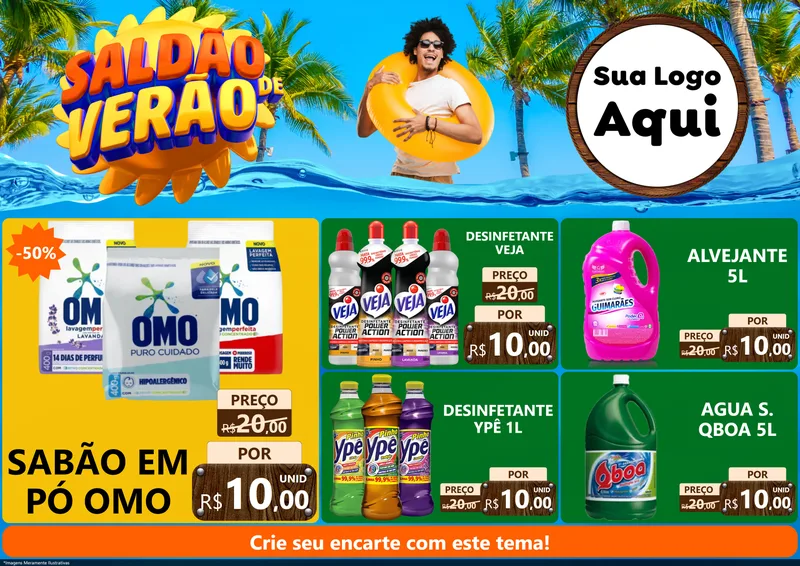 Modelo de Encarte para Encarte A4 Horizontal com o tema Saldão de Verão para Produtos de Limpeza