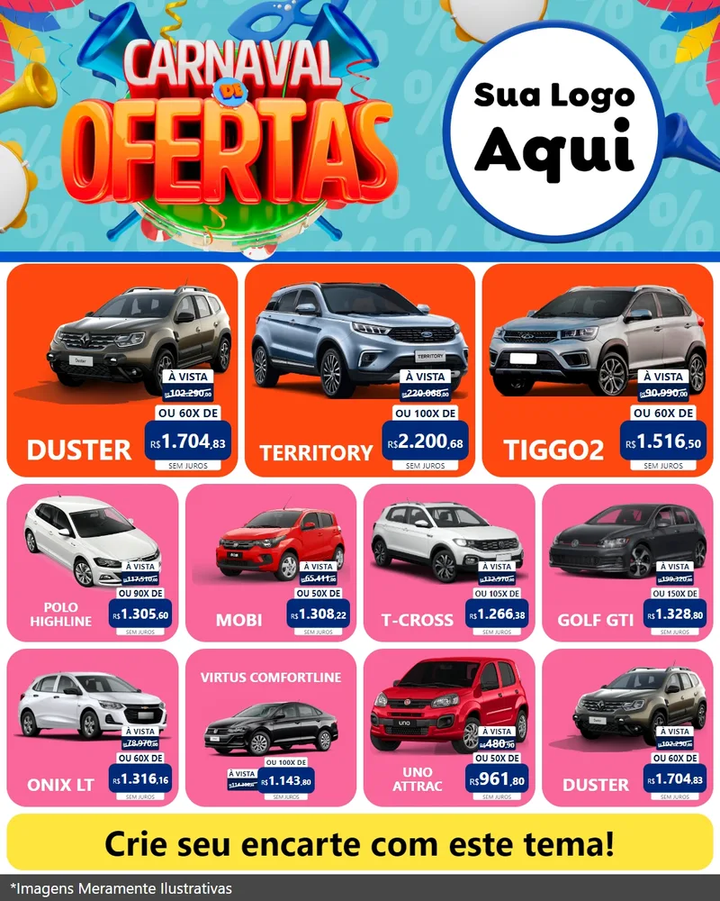 Modelo de Rede Social para Feed Instagram com o tema Carnaval de Ofertas para Concessionaria de Carros