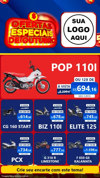 Modelo de Rede Social para Stories com o tema Ofertas Especiais de Outubro para Concessionaria de Motos