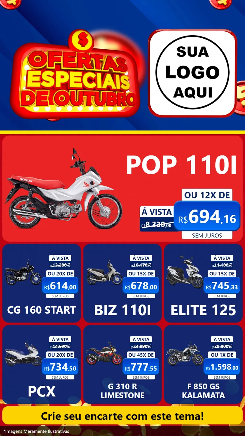 Modelo de Rede Social para Stories com o tema Ofertas Especiais de Outubro para Concessionaria de Motos