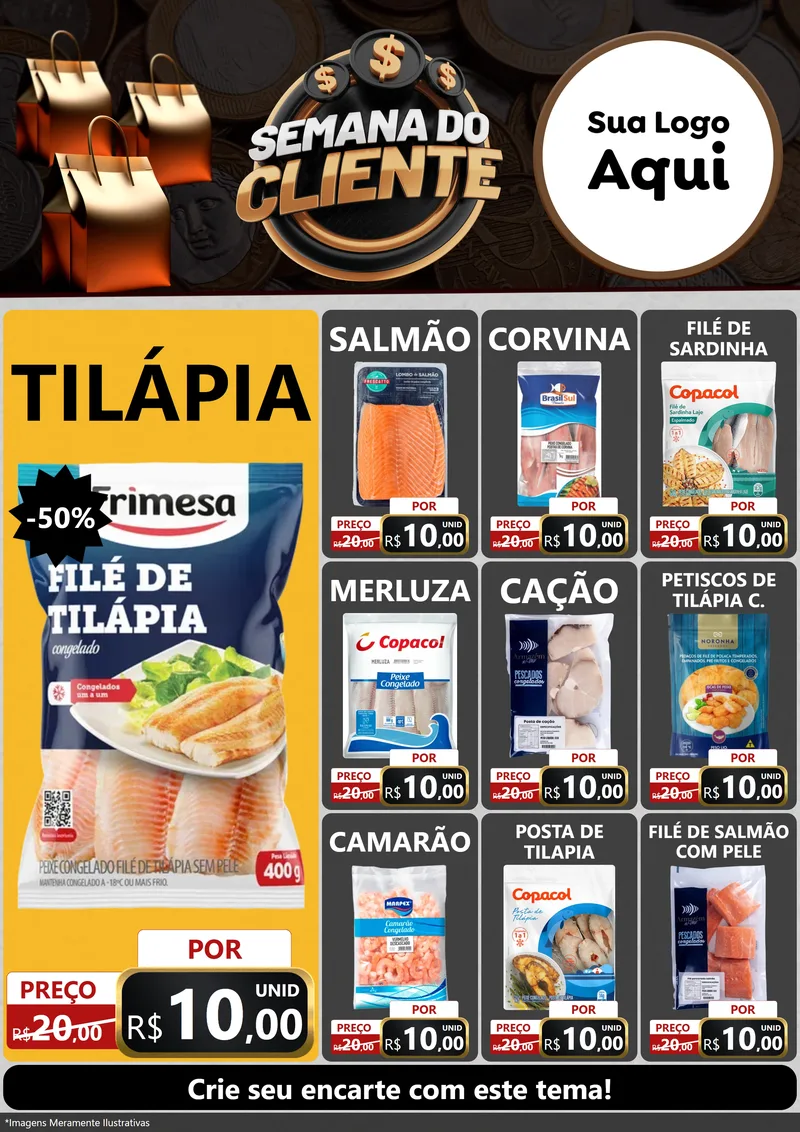 Modelo de Encarte para Encarte A4 Vertical com o tema Semana do Cliente para Peixaria