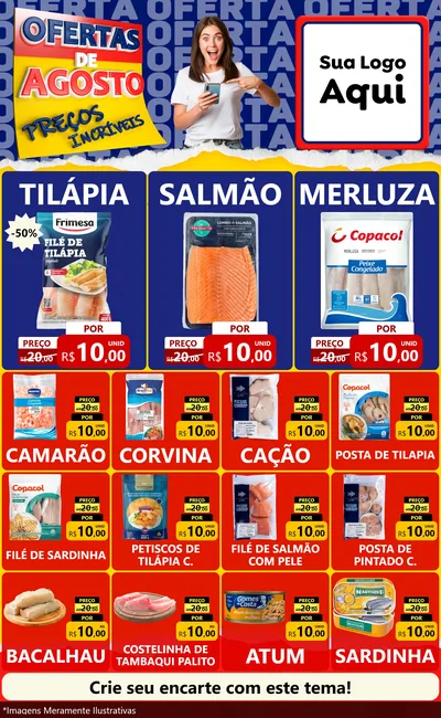Modelo de Encarte para Encarte Grande com o tema Ofertas de Agosto - Preços Incríveis para Peixaria