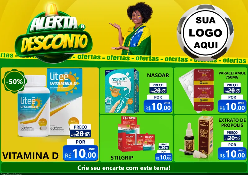 Modelo de Encarte para Encarte A4 Horizontal com o tema Alerta de Desconto para Farmácia