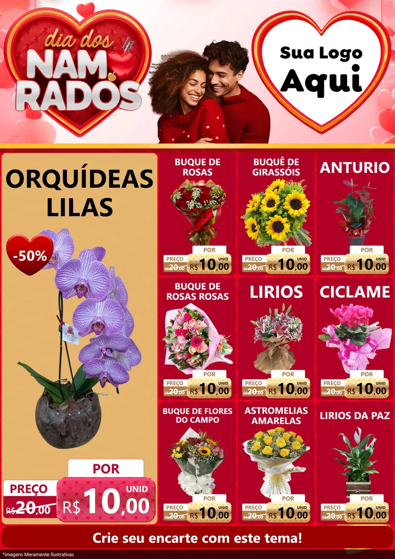 Modelo de Encarte para Encarte A4 Vertical com o tema Dia dos Namorados para Floricultura e jardim