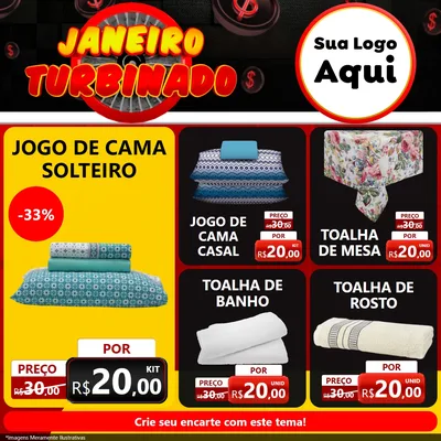 Modelo de Rede Social para Feed Facebook com o tema Janeiro Turbinado para Cama, Mesa e Banho