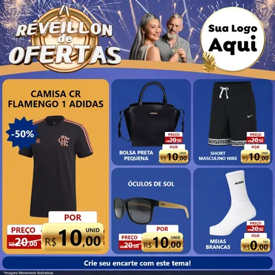 Modelo de Rede Social para Feed Facebook com o tema Réveillon de Ofertas para Roupas e acessórios