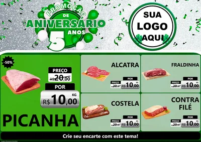 Modelo de Encarte para Encarte A4 Horizontal com o tema Promoção de Aniversário - 5 Anos para Açougue
