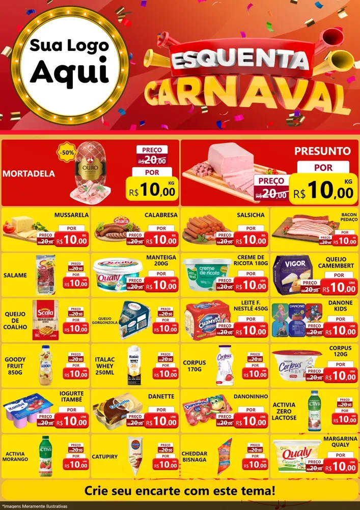 Modelo de Encarte para Encarte A4 Vertical com o tema Esquenta Carnaval para Frios e Laticínios