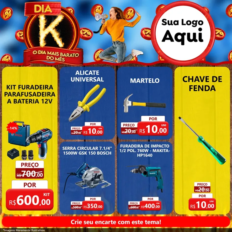 Modelo de Rede Social para Feed Facebook com o tema Dia K - O Dia Mais Barato Do Mês para Maquinas e Ferramentas
