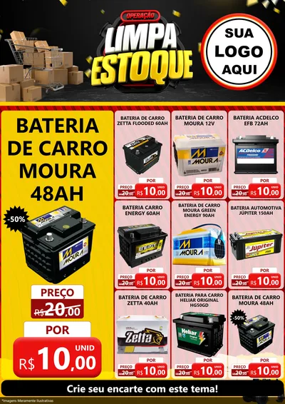 Modelo de Encarte para Encarte A4 Vertical com o tema Operação Limpa Estoque para Baterias Elétricas