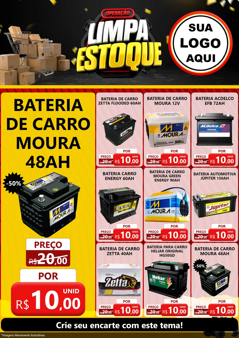 Modelo de Encarte para Encarte A4 Vertical com o tema Operação Limpa Estoque para Baterias Elétricas
