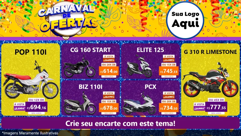 Modelo de TV para TV Horizontal com o tema Carnaval de Ofertas para Concessionaria de Motos